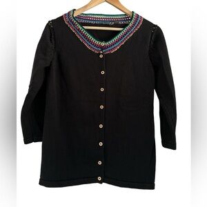 Babette Ballinger Black Button Front Cardigan Sweater with Rainbow Crochet Trim